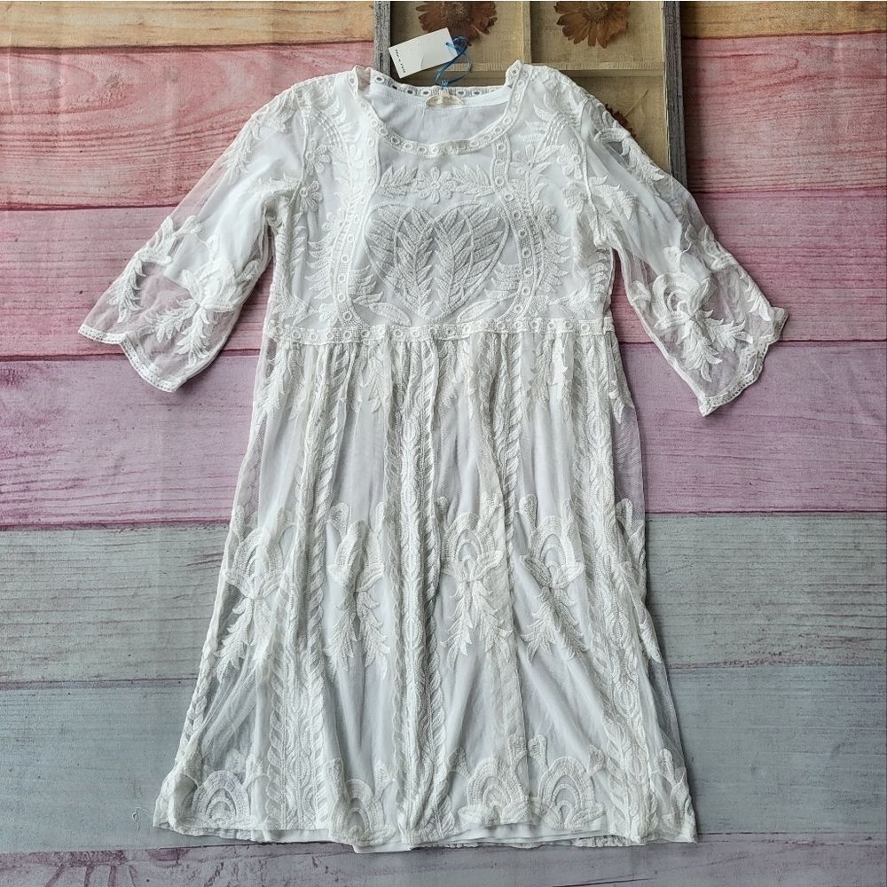 NWT Pinkblush Tea n Rose White 3/4 Sleeve Round Neck Lace‎ Overlay Dress Sz S